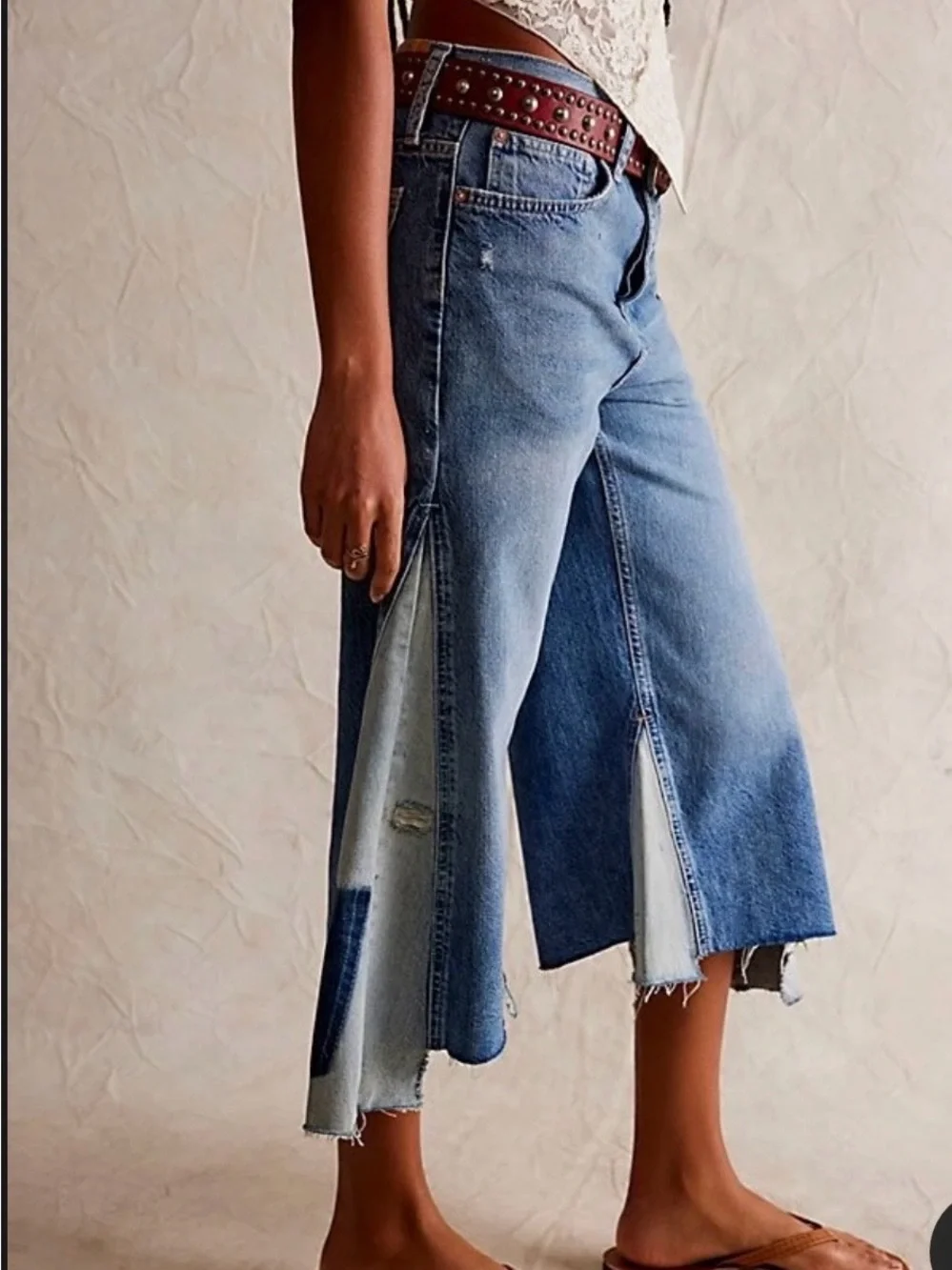 Free People Ripple Patchwork Wide-Leg Cropped Jeans, Sz 29